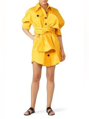 Acler Yellow Button-Front Mini Shirt Dress with Waist Wrap